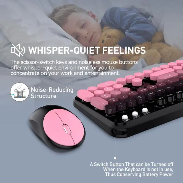 Alt view image 3 of 5 - Wireless Keyboard and Mouse Combo, 2.4 GHz Wireless Full-Sized Typewriter Keyboard with Round Keycaps for Windows, Computer, Desktop, PC, Laptop (Pink)