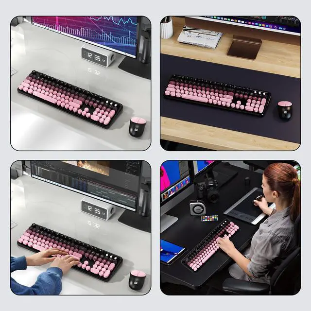 Alt view image 5 of 5 - Wireless Keyboard and Mouse Combo, 2.4 GHz Wireless Full-Sized Typewriter Keyboard with Round Keycaps for Windows, Computer, Desktop, PC, Laptop (Pink)