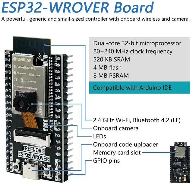 Alt view image 3 of 5 - Freenove Basic Starter Kit for ESP32-WROVER CAM (Included), Dual-core 32-bit 240 MHz Microcontroller, Onboard Camera Wireless, Python C Code, 400-Page Detailed Tutorial, 141 Items, 58 Projects