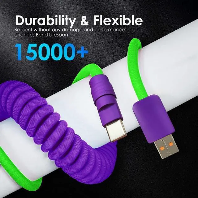 Alt view image 2 of 5 - GentsStride Curly Chubby New Spring Charge Cable Spiral Braid Fast Charging Cable Phones Tablet Coiled USB C Charger Cable Cord USB-C to USB A Cable, Red+Black+Red USB-A to Type-C, 2.29FT-3.6FT