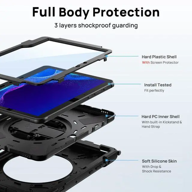 Alt view image 5 of 5 - Gerutek Case for Samsung Galaxy Tab Active4 Pro 2022/Tab Active Pro 2019 10.1", Heavy Duty Shockproof Drop Protection Case with Screen Protector Pencil Holder 360deg Rotating Stand Handle Strap, Black