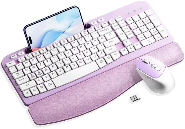 Main image of Wireless Keyboard and Mouse Combo, Wave Keys Computer Ergonomic Keyboard with Cushioned Plam Rest, Phone Holder, 2.4GHz Silent 6 Button Wireless Mouse Set for Laptop, PC, Windows, Mac (Purple)