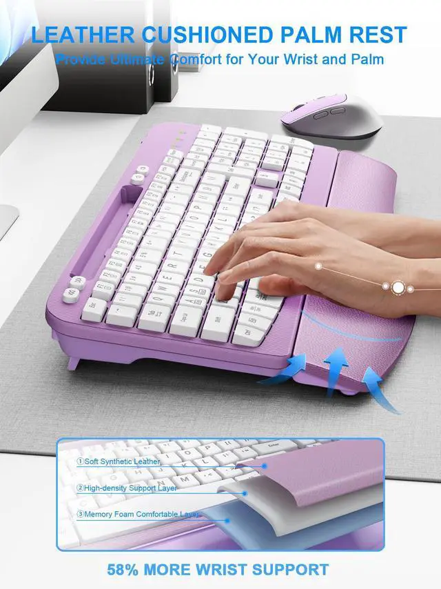 Alt view image 2 of 5 - Wireless Keyboard and Mouse Combo, Wave Keys Computer Ergonomic Keyboard with Cushioned Plam Rest, Phone Holder, 2.4GHz Silent 6 Button Wireless Mouse Set for Laptop, PC, Windows, Mac (Purple)