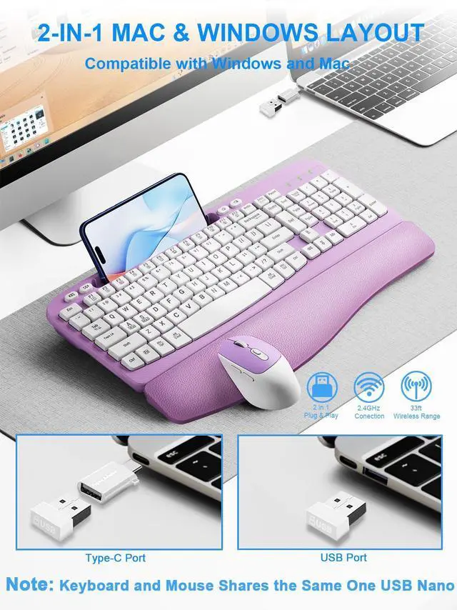 Alt view image 3 of 5 - Wireless Keyboard and Mouse Combo, Wave Keys Computer Ergonomic Keyboard with Cushioned Plam Rest, Phone Holder, 2.4GHz Silent 6 Button Wireless Mouse Set for Laptop, PC, Windows, Mac (Purple)