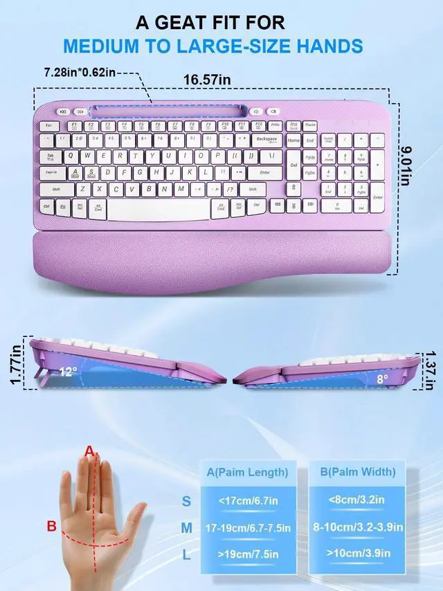 Alt view image 4 of 5 - Wireless Keyboard and Mouse Combo, Wave Keys Computer Ergonomic Keyboard with Cushioned Plam Rest, Phone Holder, 2.4GHz Silent 6 Button Wireless Mouse Set for Laptop, PC, Windows, Mac (Purple)