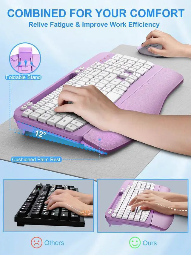Alt view image 5 of 5 - Wireless Keyboard and Mouse Combo, Wave Keys Computer Ergonomic Keyboard with Cushioned Plam Rest, Phone Holder, 2.4GHz Silent 6 Button Wireless Mouse Set for Laptop, PC, Windows, Mac (Purple)