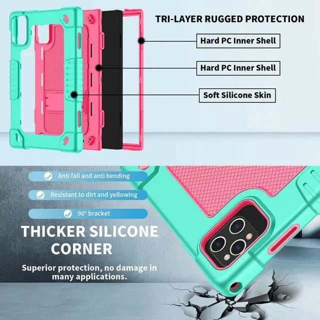 Alt view image 3 of 5 - Hoibon for KADYBE D115 Case,for MEIZE D115 Tablet Case,Shockproof Kids Case with 2 Pcs Screen Protector Shoulder Strap for MEIZE D115/KADYBE D115/DOMATON D105/kimlok/Qukenk 10.1 inch (Green/Pink)