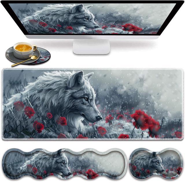 Main image of Large Gaming Mouse Pad, Keyboard Wrist Rest Pad + Mouse Wrist Pad + Coaster 4 in 1 Set, Extended Waterproof Non-Slip Desk Mat, Suitable for Office Home Learning Games, Wolf and Rose
