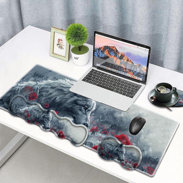 Alt view image 2 of 5 - Large Gaming Mouse Pad, Keyboard Wrist Rest Pad + Mouse Wrist Pad + Coaster 4 in 1 Set, Extended Waterproof Non-Slip Desk Mat, Suitable for Office Home Learning Games, Wolf and Rose