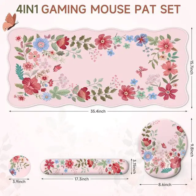 Alt view image 2 of 5 - iLeadon Pink Floral Desk Mat Sets for Women Office,Large Computer Mouse Pad Mat for Desk,Ergonomic Keyboard Pad,Extend Cute Desk Mat+Cup Coaster with Non-Slip Base for Home Office
