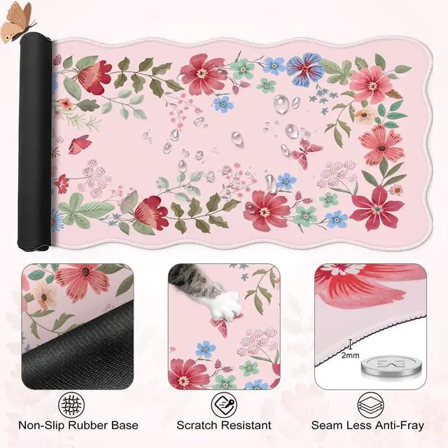 Alt view image 5 of 5 - iLeadon Pink Floral Desk Mat Sets for Women Office,Large Computer Mouse Pad Mat for Desk,Ergonomic Keyboard Pad,Extend Cute Desk Mat+Cup Coaster with Non-Slip Base for Home Office