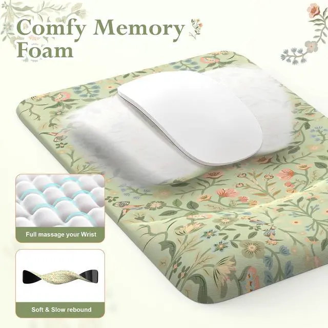 Alt view image 4 of 5 - iLeadon Mouse Pad with Wrist Rest, Non-Slip Desk Mat for Keyboard and Mouse, Mouse Pad Sets for Women Desk, Wrist Pads for Keyboard, Floral Mat for Home Office (Green)