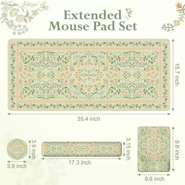 Alt view image 2 of 5 - iLeadon Mouse Pad with Wrist Rest, Non-Slip Desk Mat for Keyboard and Mouse, Mouse Pad Sets for Women Desk, Wrist Pads for Keyboard, Floral Mat for Home Office (Green)