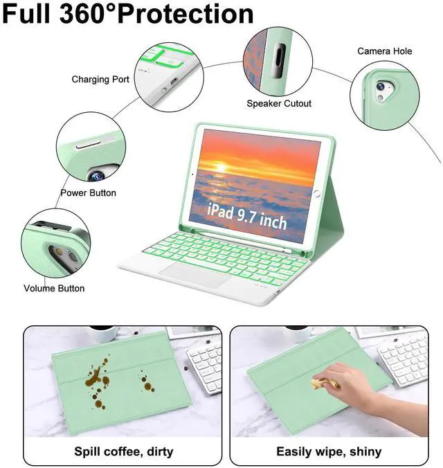 Alt view image 4 of 5 - for iPad Keyboard case 9.7 inch, iPad 6th Gen (2018), iPad 5th Gen (2017), iPad Air 2 (2014), Multi-Touch Trackpad, Detachable Backlit Folio Keyboard Slim Cover with Pencil HolderGreen