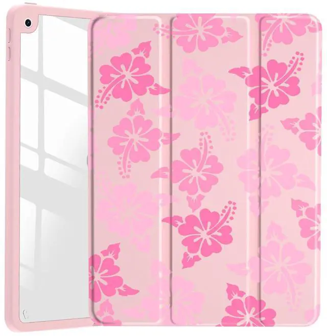 Main image of JOYLAND Pink Hibiscus Flower Pattern Case for iPad Air 11 Inch M3(2025) / M2(2024), iPad Air 5th(2022) / 4th (2020) Gen 10.9 Inch, Clear Hard Back Case with Pencil Holder Trifold Stand Tablet Cover