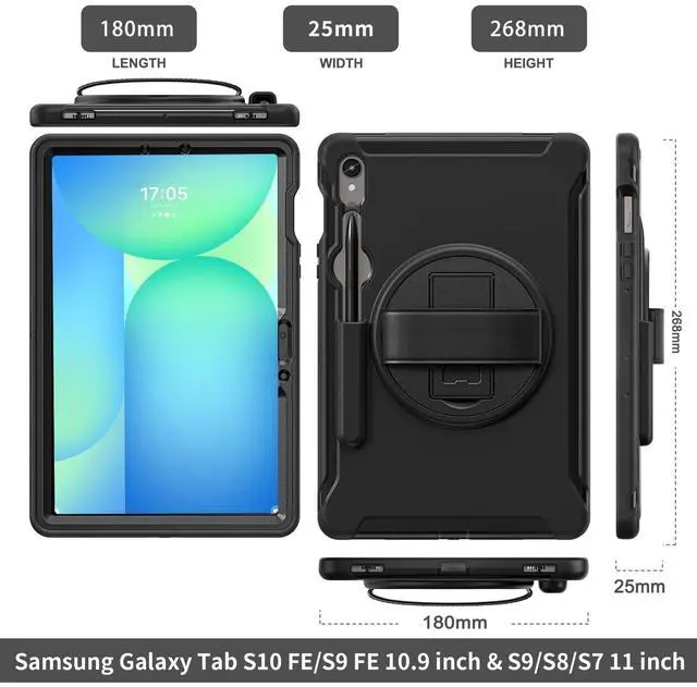 Alt view image 3 of 5 - Junfire Protective Case for Galaxy Tab S10 FE 2025/S9 FE 5G with Stylus Holder, Samsung Tab S9/S8/S7 11-inch Shockproof Cover with 360degRotating Kickstand/Hand Strap-Black