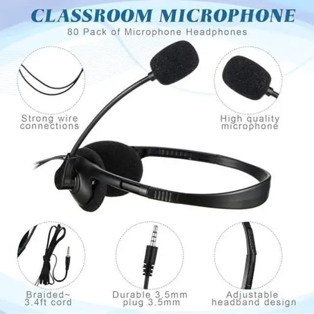 Alt view image 2 of 5 - Kathfly 80 Packs Classroom Headphones with Microphone School Student Stereo Headphones Adjustable Office Conference Headphones with 3.5mm Plug for Kid Adult School Tablet Business Call Center
