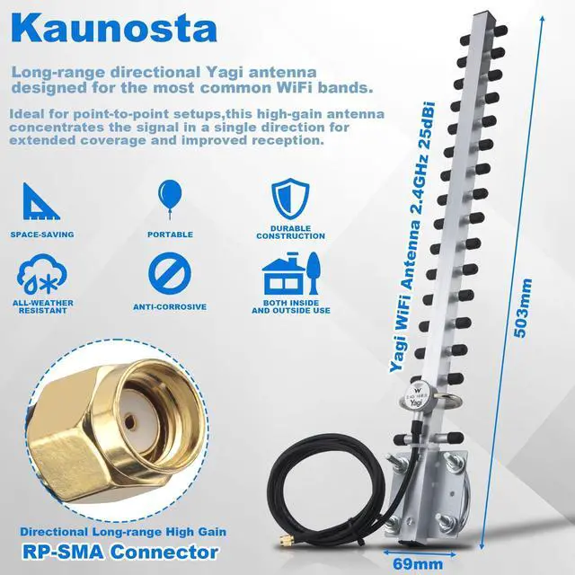 Alt view image 2 of 5 - Yagi WiFi Antenna 2.4GHz 25dBi RP-SMA Connector High Gain Yagi Directional Antenna Booster with 1.5M Cable Long Range for Network Router/USB Adapter/Reapter/Extension Network PCl Card/Security Camera