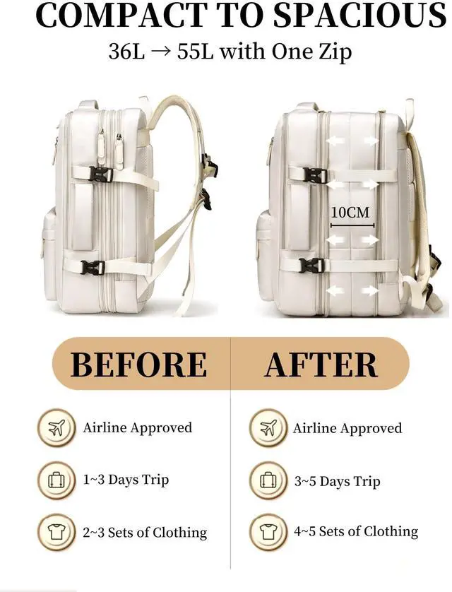 Alt view image 2 of 5 - KEQIKAI Expandable Travel Backpack for Men Women, Large Carry on Backpack Airplane Approved 15.6" Laptop Backpack with USB Charging Port,Water Resistant Lightweight Daypack for Flight 50L Black