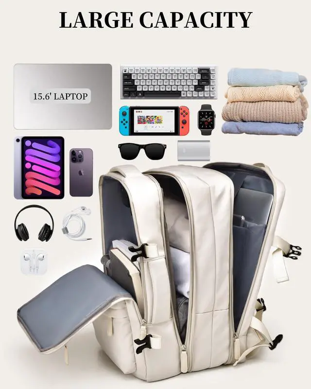 Alt view image 3 of 5 - KEQIKAI Expandable Travel Backpack for Men Women, Large Carry on Backpack Airplane Approved 15.6" Laptop Backpack with USB Charging Port,Water Resistant Lightweight Daypack for Flight 50L Black