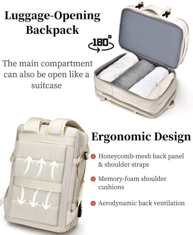 Alt view image 4 of 5 - KEQIKAI Expandable Travel Backpack for Men Women, Large Carry on Backpack Airplane Approved 15.6" Laptop Backpack with USB Charging Port,Water Resistant Lightweight Daypack for Flight 50L Black