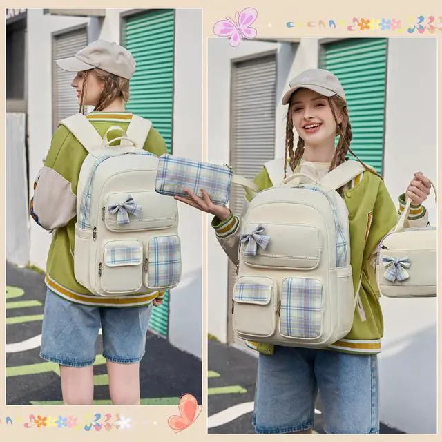 Alt view image 2 of 5 - KIDNUO Backpack for Girls,School Backpacks for Teen,Cute College Bags for Women Students Large Bookbag 15.6 Inch Laptop Bag Back Pack Kids Kindergarten Elementary Casual Travel Daypacks Beige