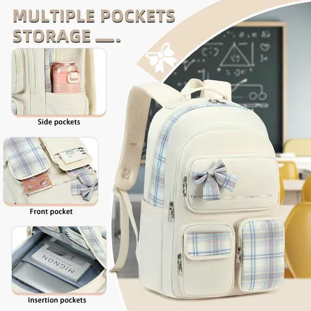 Alt view image 5 of 5 - KIDNUO Backpack for Girls,School Backpacks for Teen,Cute College Bags for Women Students Large Bookbag 15.6 Inch Laptop Bag Back Pack Kids Kindergarten Elementary Casual Travel Daypacks Beige