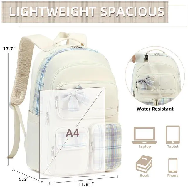 Alt view image 4 of 5 - KIDNUO Backpack for Girls,School Backpacks for Teen,Cute College Bags for Women Students Large Bookbag 15.6 Inch Laptop Bag Back Pack Kids Kindergarten Elementary Casual Travel Daypacks Beige