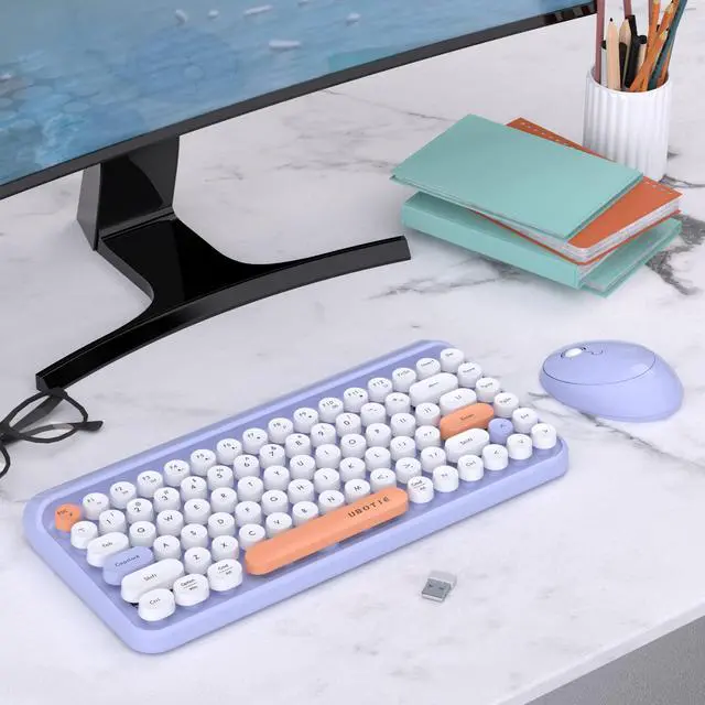 Alt view image 2 of 5 - UBOTIE 84Keys Colorful Wireless Computer Keyboards and Mice Combos, Mini Compact Retro Typewriter Design Laptop Keyboards with 2.4GHz USB Nano (Purple)