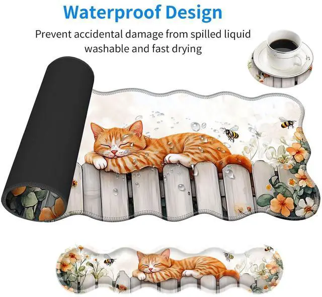 Alt view image 2 of 5 - KJFHDJFDH Large Mouse Pad and Keyboard Wrist Rest, Desk Pad for Keyboard and Mouse, 4-in-1 Large Gaming Mouse Pad with Wrist Support, Desk Mat for Home Office Study Game-Sleeping Cat on Fence