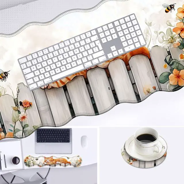 Alt view image 4 of 5 - KJFHDJFDH Large Mouse Pad and Keyboard Wrist Rest, Desk Pad for Keyboard and Mouse, 4-in-1 Large Gaming Mouse Pad with Wrist Support, Desk Mat for Home Office Study Game-Sleeping Cat on Fence