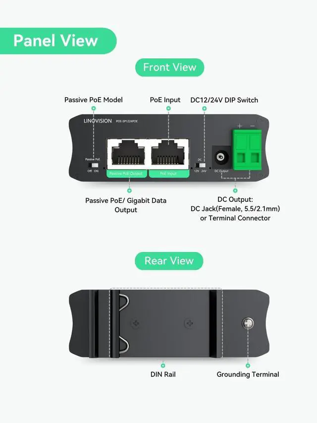 Alt view image 2 of 5 - [(Upgraded)]  LINOVISION Industrial Gigabit 30W PoE Splitter with Switchable DC12V/24V Output and Passive PoE Output for Wireless Bridges Like UB Loco5AC, Designed for Cameras and IoT Systems
