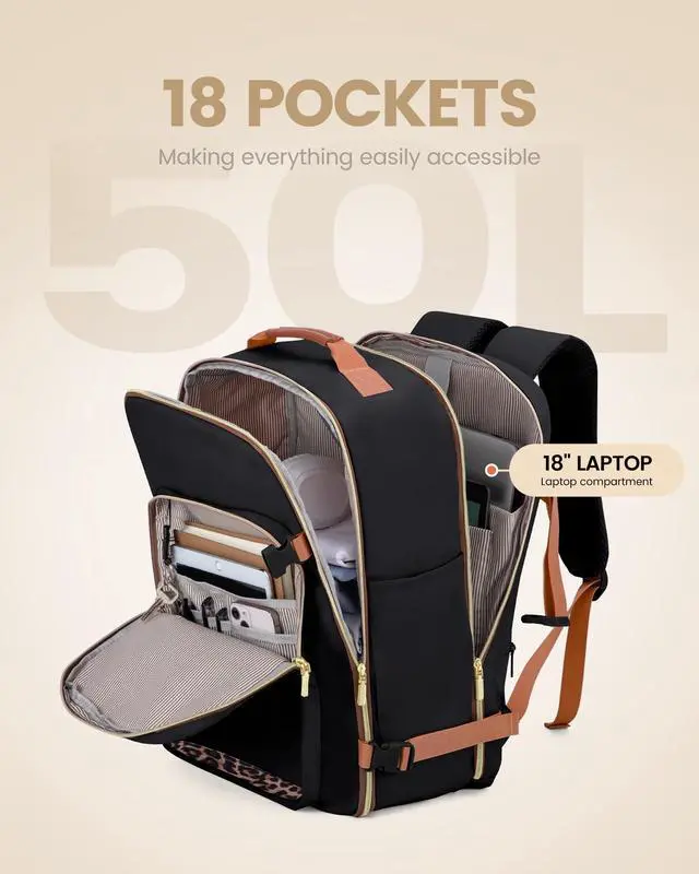Alt view image 3 of 5 - LOVEVOOK Travel Backpack for Women Men as Personal Item Flight Approved, 50L Luggage Carry On Backpack,18.4inch Large Laptop Backpack Waterproof Outdoor Sports with 3 Packing Cubes,Black-Leopard print