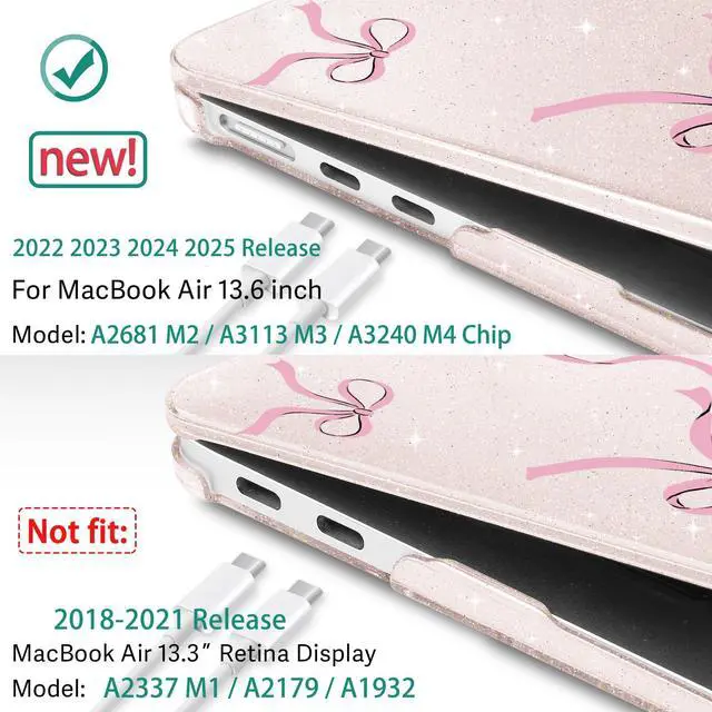 Alt view image 3 of 5 - May Chen for MacBook Air 13.6 inch Case A3240 M4 A3113 M3 A2681 M2 with Retina Dispaly, 2025 2024 2023 2022 Release, Plastic Hard Shell Case with Keyboard Cover, Sakura Pink Glitter Bow