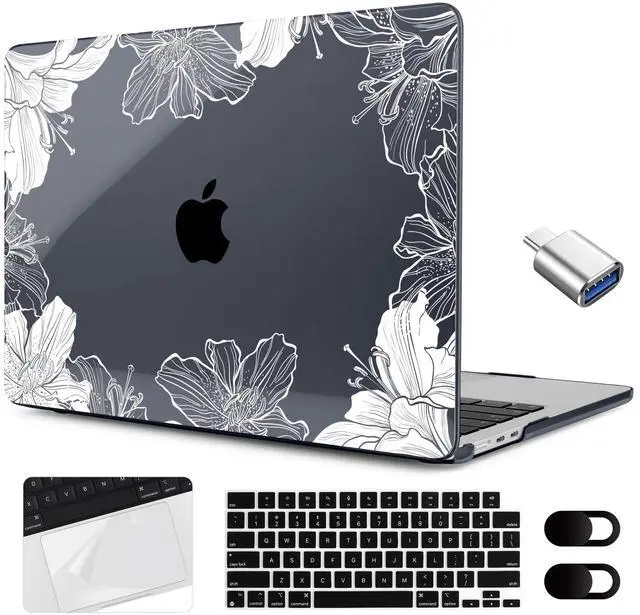 Main image of MEEgoodo Case for MacBook Air 15 inch M4/M3/M2 2025 2024 2023, Case Fit Model (A3241/A3114/A2941) for MacBook Air 15-inch, Laptop with Keyboard & Camera Cover & OTG Adapter, Lily Floral