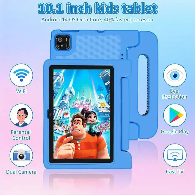 Alt view image 2 of 5 - NRKDUBQ Tablet for Kids, 10.1 inch IPS HD Touchscreen Android 14 64 GB Storage, 8GB RAM, Octa Core Kids Tablet, Parental Controls, 12-hr Battery, WiFi, GPS - Blue