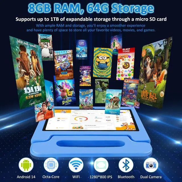 Alt view image 5 of 5 - NRKDUBQ Tablet for Kids, 10.1 inch IPS HD Touchscreen Android 14 64 GB Storage, 8GB RAM, Octa Core Kids Tablet, Parental Controls, 12-hr Battery, WiFi, GPS - Blue