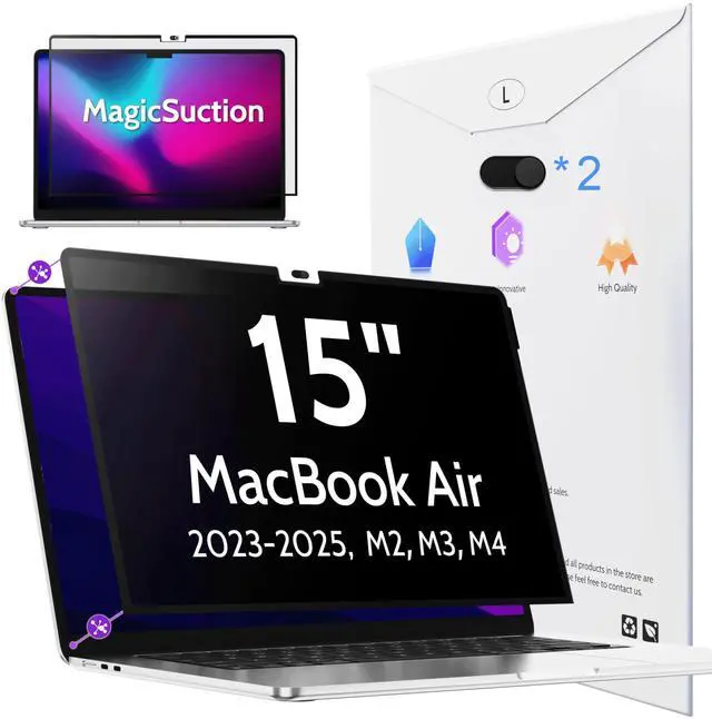 Main image of Peslv Privacy Screen for MacBook Air 15 Inch (2023-2025, M2, M3, M4)- A2941 A3114 A3241, MagicSuction Removable Anti Spy Black Protector, Glare Blue Light Filter for Mac Laptop Computer