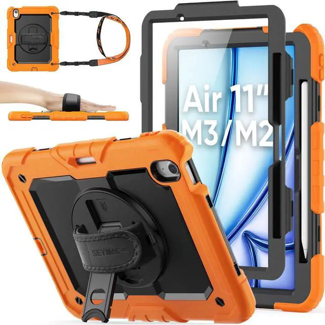 Main image of SEYMAC stock Case for iPad Air 11 inch Case M3/ M2 (2025/2024), for iPad Air 6th Generation, Heavy Duty Protective with Pencil Holder, Screen Protector, Stand, Hand Strap, Shoulder Strap, Orange