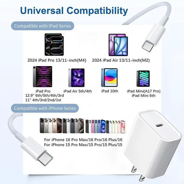 Alt view image 2 of 5 - iPad Fast Charger,2Pack iPad Pro Charger 10FT Long USBC to C Cable iPad Cord 20W USB C Charger iPad Charging Block for iPad 10,iPad mini 6/A17 Pro,iPad Air/iPad Pro 13/12.9/11inch 2020/2021/2022/2024