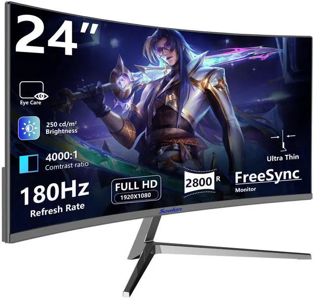 Main image of Sealan 24 Inch Curved Gaming Monitor 180hz Full HD 1080P Frameless AMD FreeSync Eye Care DisplayPort HDMI Wall Mountable 250cd/m² Brightness 99% sRGB AMD FreeSync Flicker-Free Blue Light Filter