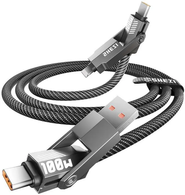 Main image of SHEZI Upgraded 4-in-1 100W 5FT USB C Lightning Cable, Nylon Braided Fast Charging iPhone iPad Charger Cord [480Mbps Data Sync], Multi Charging Cable with Lightning/Type C/USB A, Grey