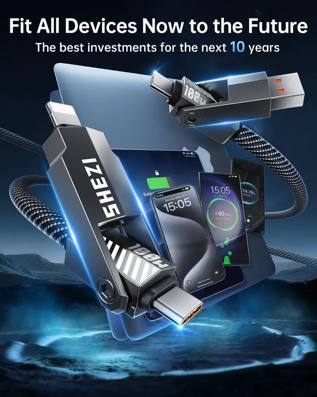 Alt view image 4 of 5 - SHEZI Upgraded 4-in-1 100W 5FT USB C Lightning Cable, Nylon Braided Fast Charging iPhone iPad Charger Cord [480Mbps Data Sync], Multi Charging Cable with Lightning/Type C/USB A, Grey