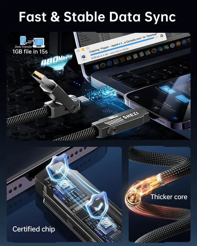 Alt view image 5 of 5 - SHEZI Upgraded 4-in-1 100W 5FT USB C Lightning Cable, Nylon Braided Fast Charging iPhone iPad Charger Cord [480Mbps Data Sync], Multi Charging Cable with Lightning/Type C/USB A, Grey