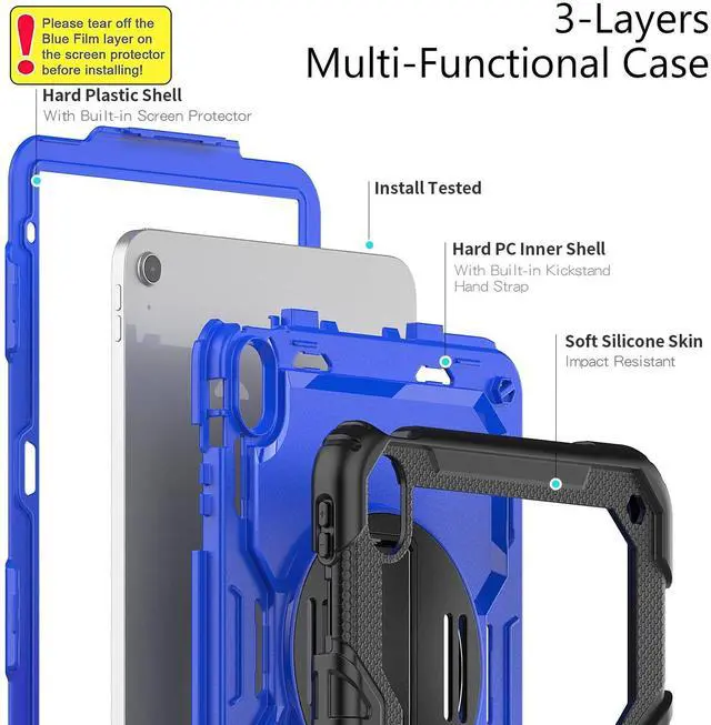 Alt view image 3 of 5 - SIBEITU Case for ipad (A16) 11th/ 10th Generation10.9 Inch 2025/2022 with Screen Protector, Heavy Duty iPad Rugged Shockproof Cover with Stand & Strap for iPad 11/10 Gen Case, Blue