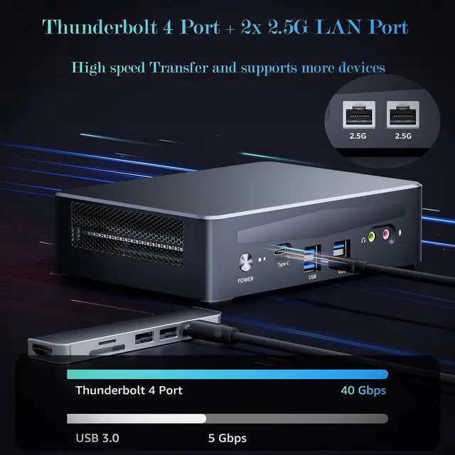 Alt view image 4 of 5 - Mini PC, 12th Intel Core i9-12900H(14C/20T up to 5GHz) Mini Desktop Computer with Thunderbolt 4, Quad Screen, 2X 2.5G LAN, 32GB DDR4 RAM,1TB PCIe G4x4 SSD, WiFi 6E/BT 5.3/Windows 11 Pro Micro Computer