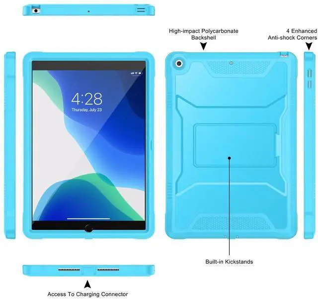 Alt view image 3 of 5 - Soke Case for iPad 9th/8th/7th Generation 10.2-Inch (2021/2020/2019 Release), with Built-in Screen Protector and Kickstand, Rugged Full Body Protective Cover for Apple iPad 10.2 Inch - New Cyan Blue