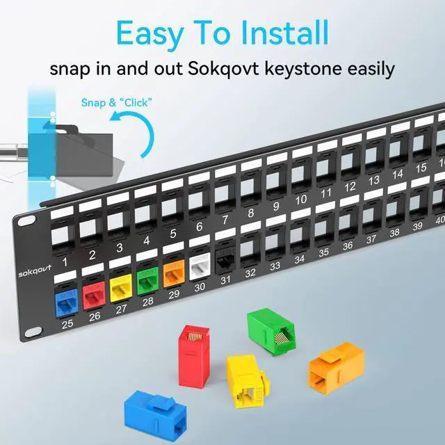 Alt view image 2 of 5 - Sokqovt 48 Port Blank Keystone Patch Panel with Snap-in Design (4 Pack), Cat6 Network Patch Panel 2U 19 inch, Rack Mount Ethernet Patch Panel (for Slim Keystone Only)