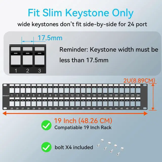 Alt view image 3 of 5 - Sokqovt 48 Port Blank Keystone Patch Panel with Snap-in Design (4 Pack), Cat6 Network Patch Panel 2U 19 inch, Rack Mount Ethernet Patch Panel (for Slim Keystone Only)
