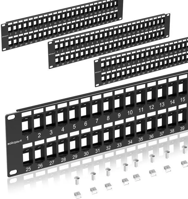 Main image of Sokqovt 48 Port Blank Keystone Patch Panel with Snap-in Design (4 Pack), Cat6 Network Patch Panel 2U 19 inch, Rack Mount Ethernet Patch Panel (for Slim Keystone Only)